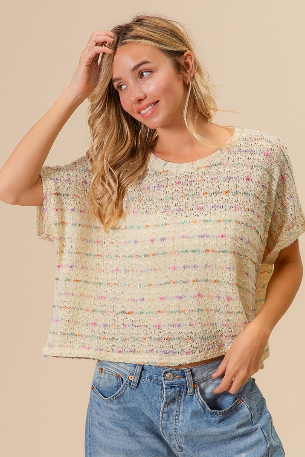 BiBi Striped Popcorn Knit Top Oatmeal Multi Shirt Apparel BiBi Clothing Tops Ship from USA Shirts USA Women Trendsi https://www.cyberehub.com