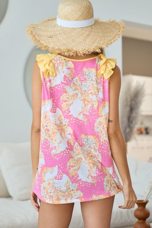 BiBi Printed V Neck Ruffled Tank Apparel/Tops BiBi Ship from USA TikTok Tops Trendsi USPS Walmart Walmart Apparel Trendsi https://www.cyberehub.com