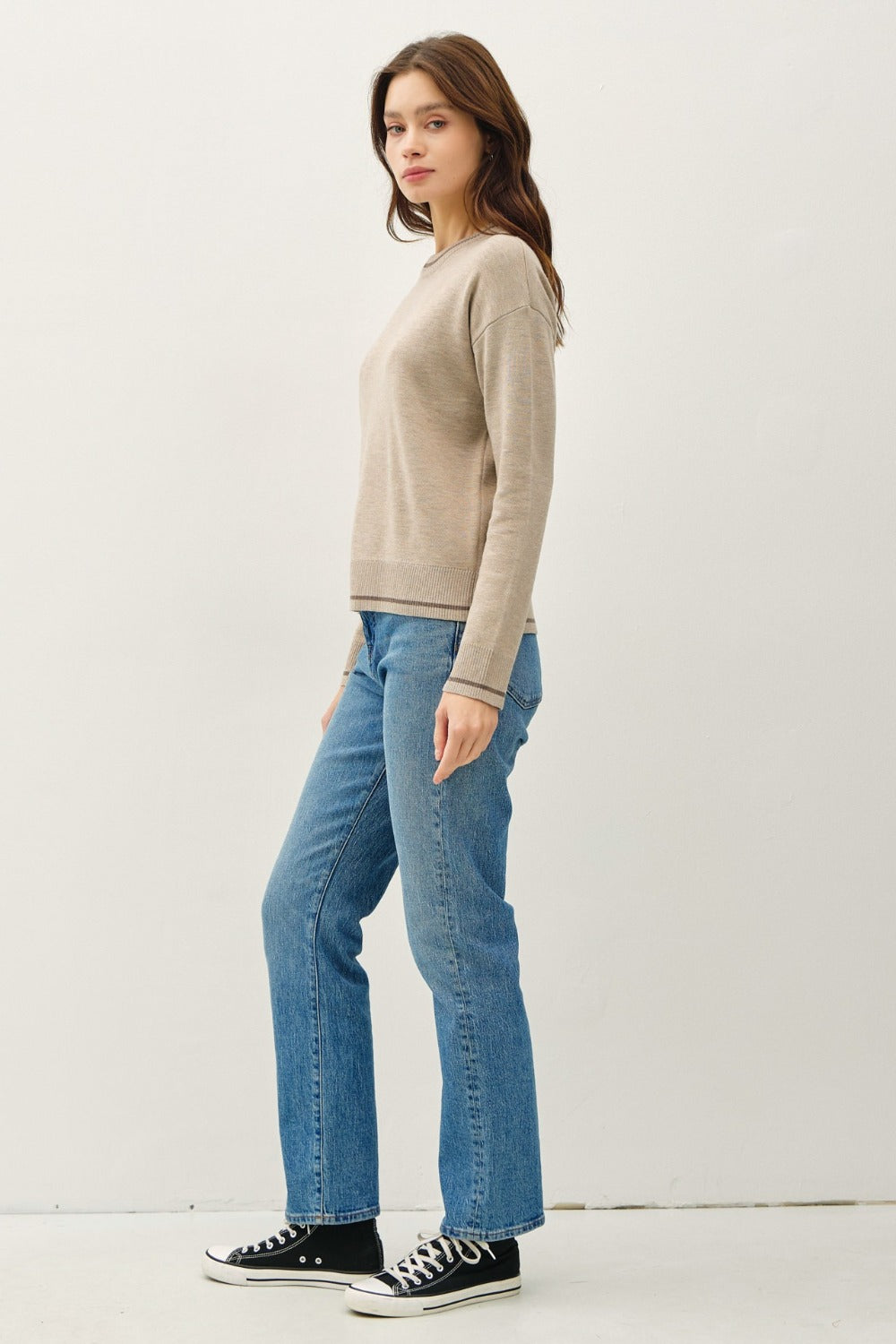 Be Cool Striped Trim Round Neck Long Sleeve Sweater Tops/Jackets/Sweaters BE COOL Clothing Tops Ship from USA TikTok Trendsi USPS Walmart Trendsi https://www.cyberehub.com