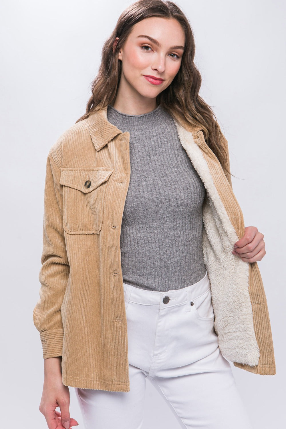 Love Tree Corduroy Button Up Jacket with Sherpa Inside Tops/Jackets/Sweaters Clothing Tops LOVE TREE Ship from USA TikTok Trendsi USPS Walmart Trendsi https://www.cyberehub.com
