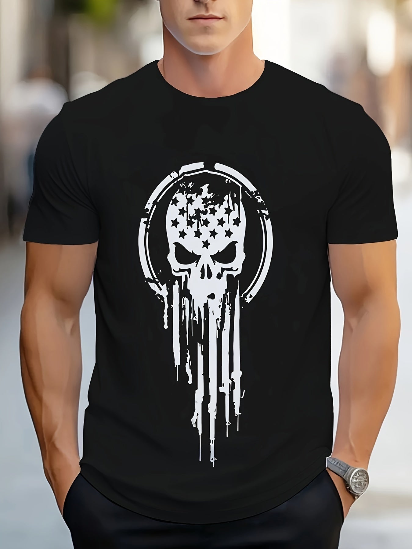 Men's Casual And Fashionable Geometric Skull Pattern T-shirt - Breathable Polyester Fiber, Round Neck, Regular Style Apparel/Shirt/Graphic Shirt SNULLO https://www.cyberehub.com