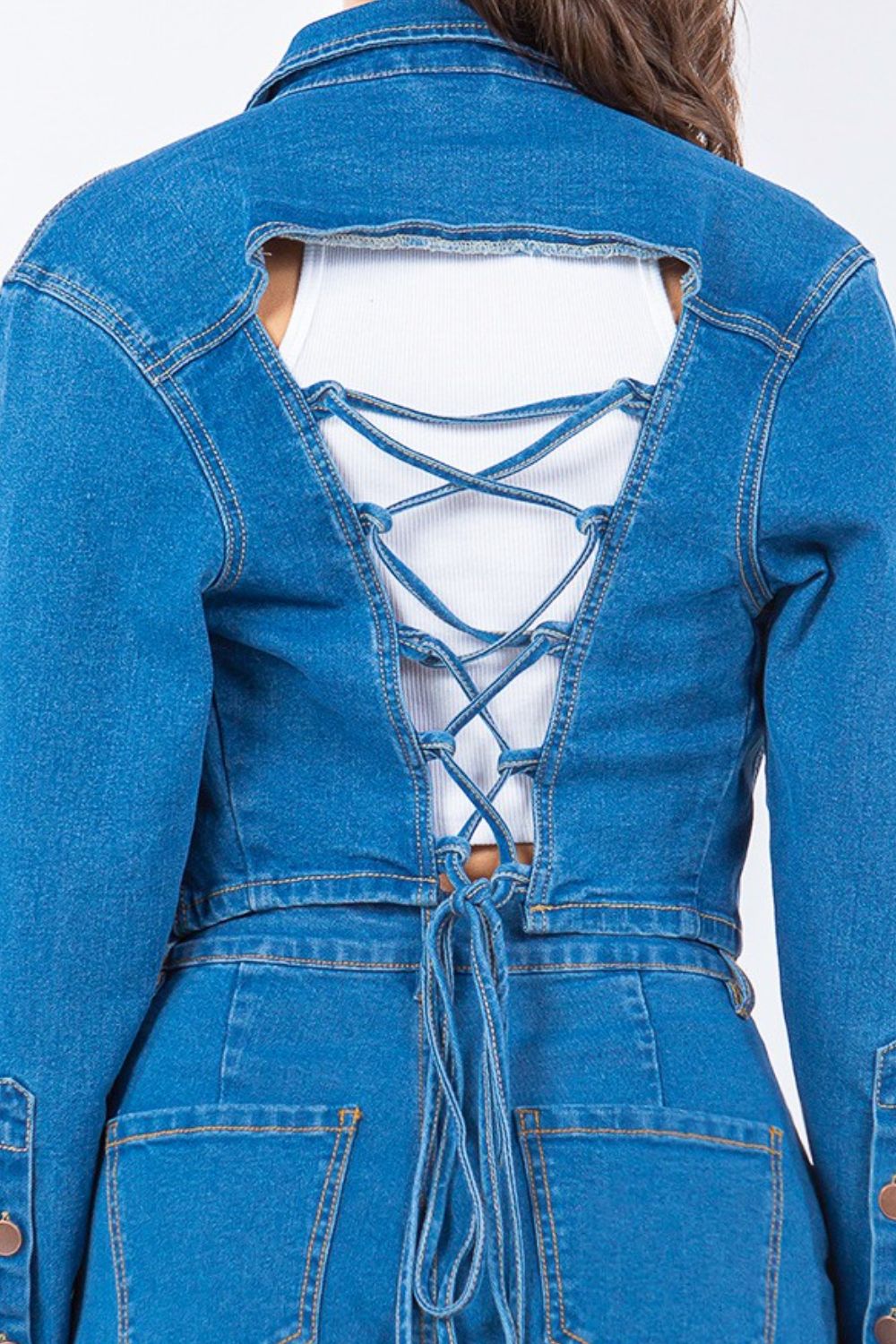American Bazi Laced Back Cropped Denim Jacket Tops/Jackets/Sweaters American Bazi Clothing Tops Memorial Day Sale Ship from USA TikTok Trendsi USPS Walmart Trendsi https://www.cyberehub.com