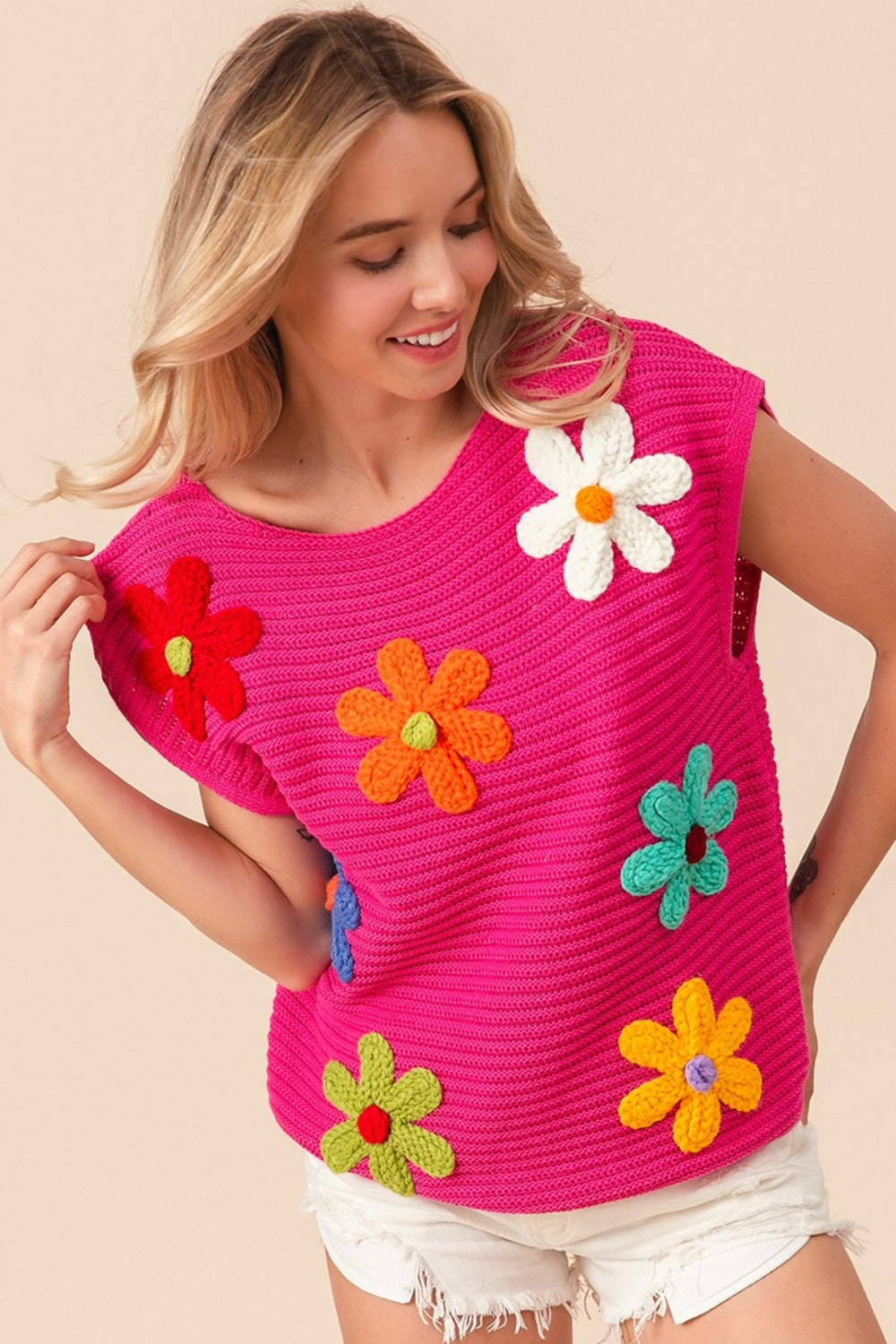 BiBi Flower Round Neck Cap Sleeve Knit Top Shirt Apparel BiBi Clothing Tops Ship from USA Shirts USA Women Trendsi https://www.cyberehub.com