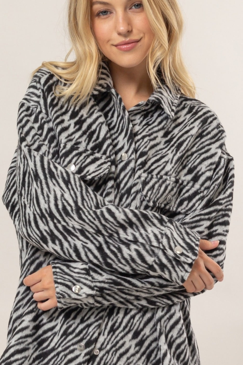 HYFVE Zebra Print Snap Down Long Sleeve Shacket Tops/Jackets/Sweaters Clothing Tops HYFVE Ship from USA TikTok Trendsi USPS Walmart Trendsi https://www.cyberehub.com