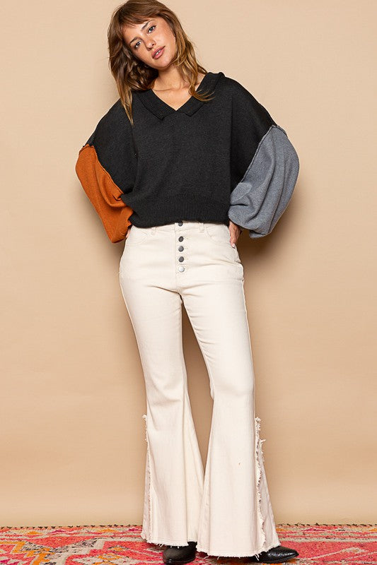 POL Exposed Seam Roll Edge Color Block V Neck Sweater Tops/Jackets/Sweaters Clothing Tops POL Ship from USA TikTok Trendsi USPS Walmart Trendsi https://www.cyberehub.com
