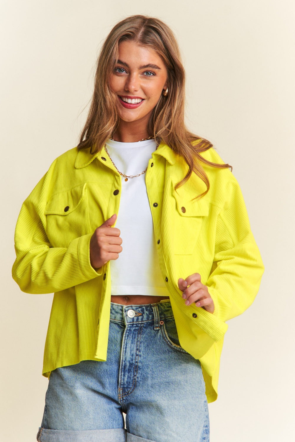J.NNA Snap Down Long Sleeve High Low Shacket Chartreuse Tops/Jackets/Sweaters Clothing Tops J.NNA Ship from USA TikTok Trendsi USPS Walmart Trendsi https://www.cyberehub.com