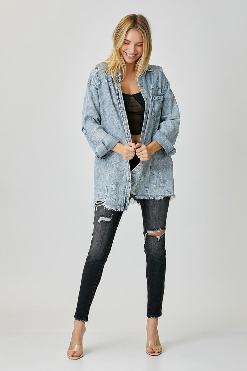 RISEN Distressed Raw Hem Denim Shirt Apparel/Tops RISEN Ship from USA TikTok Tops Trendsi USPS Walmart Walmart Apparel Trendsi https://www.cyberehub.com