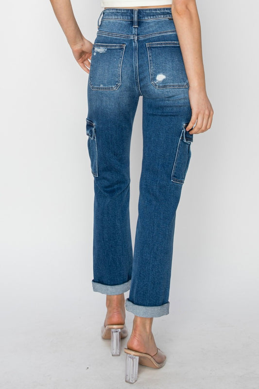 RISEN Full Size High Rise Cargo Ankle Roll Up Straight Jeans Bottoms Bottoms Clothing RISEN Ship from USA Women Trendsi https://www.cyberehub.com