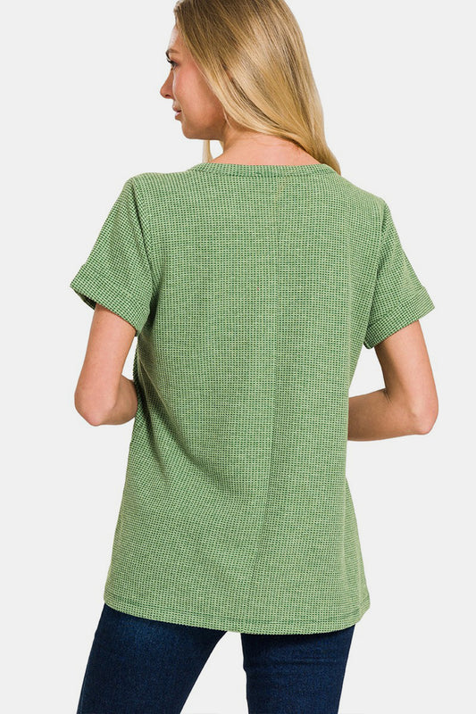 Zenana Waffle Notched Short Sleeve T-Shirt Apparel/Tops Ship from USA TikTok Tops Trendsi USPS Walmart Walmart Apparel Zenana Trendsi https://www.cyberehub.com