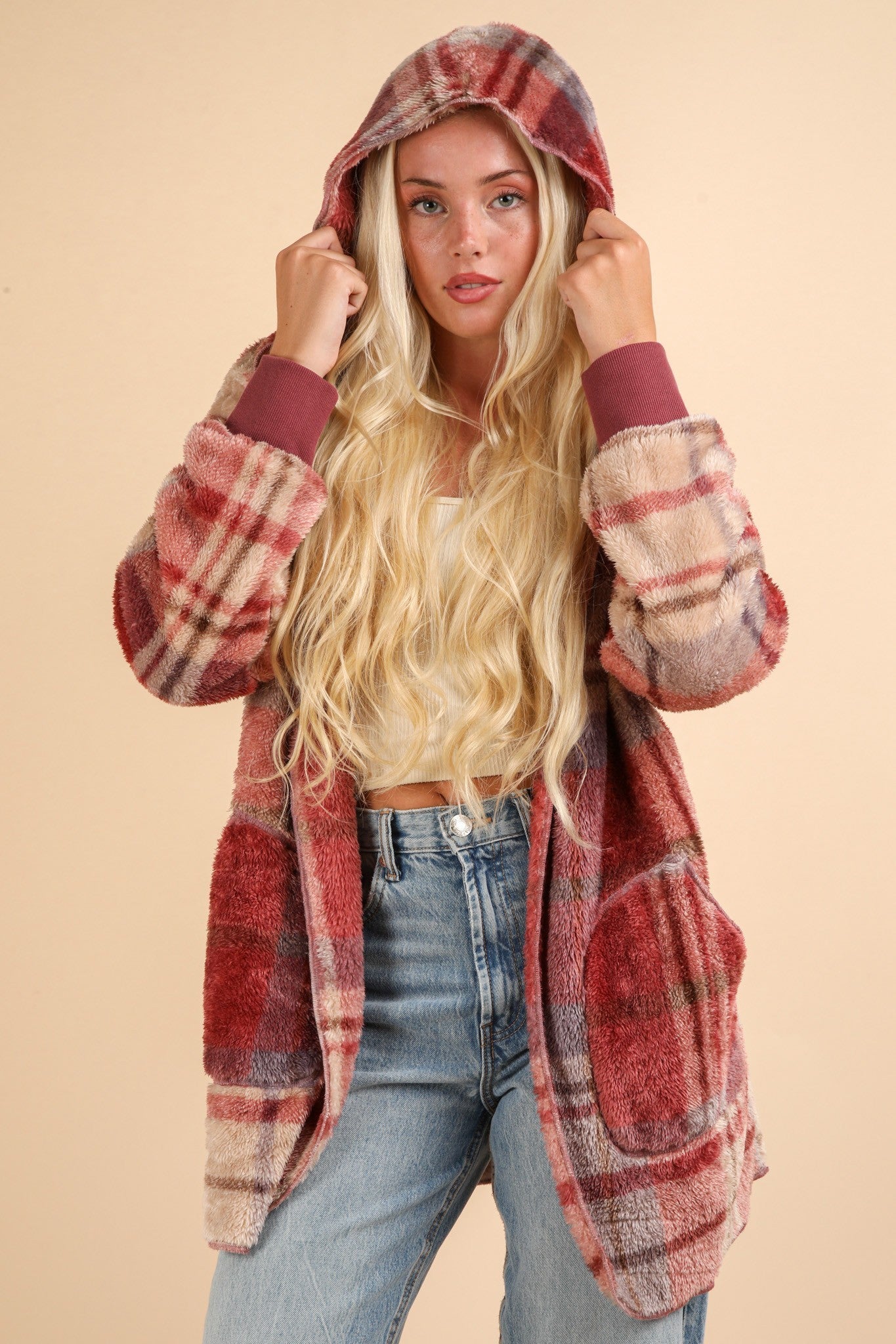 VERY J Fuzzy Plaid Long Sleeve Hooded Jacket Tops/Jackets/Sweaters Clothing Tops Ship from USA TikTok Trendsi USPS VERY J Walmart Trendsi https://www.cyberehub.com