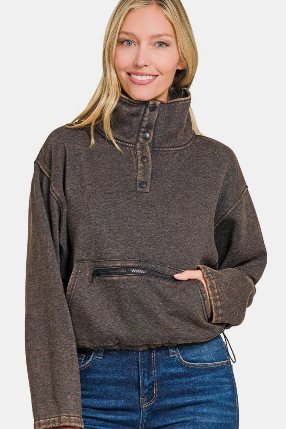 Zenana Acid Wash Fleece Half Snap Sweatshirt with Pocket Ash Black Tops/Jackets/Sweaters Clothing Tops Ship from USA TikTok Trendsi USPS Walmart Zenana Trendsi https://www.cyberehub.com