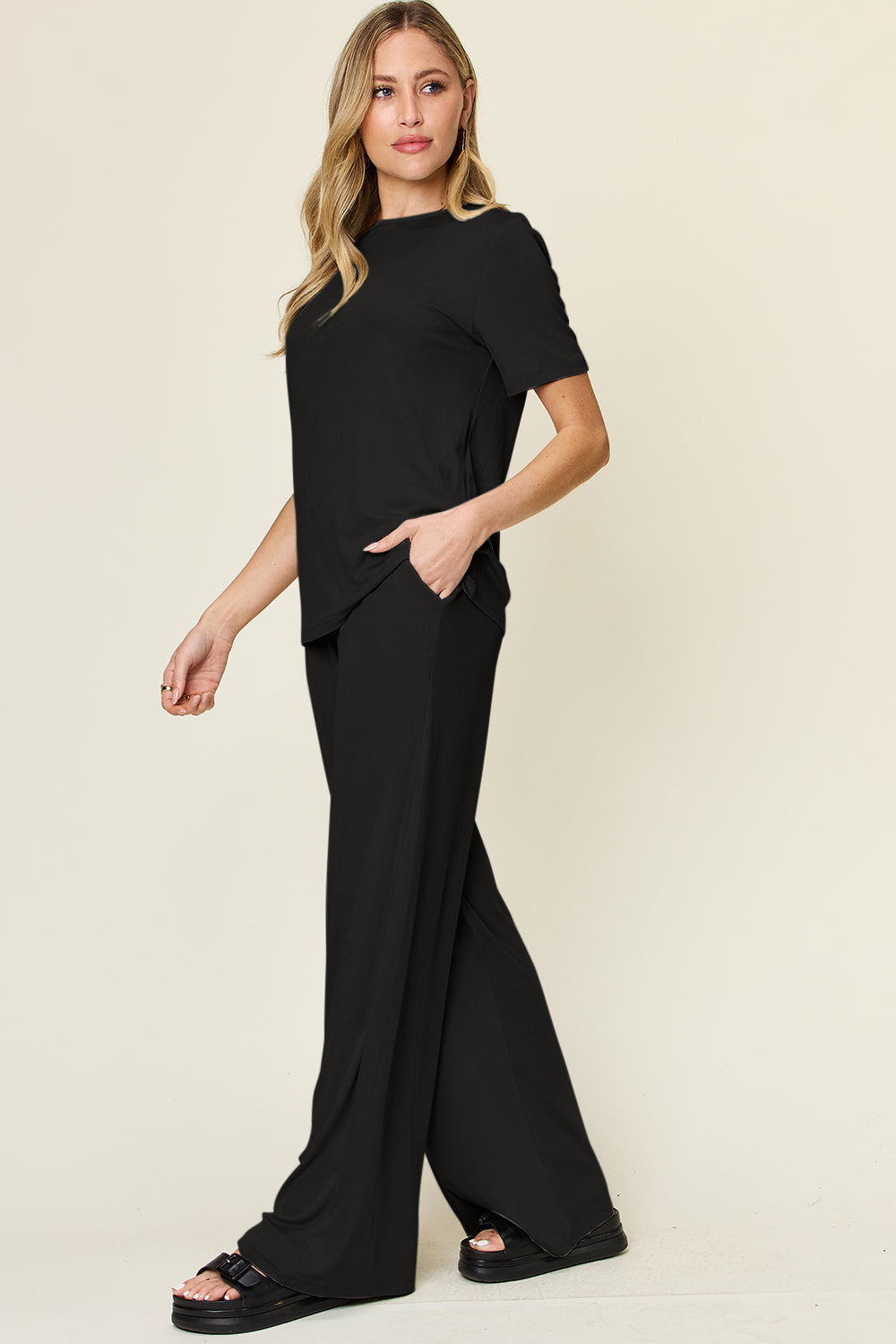 Double Take Full Size Round Neck Short Sleeve T-Shirt and Wide Leg Pants Set Apparel/Tops Double Take Ship from USA TikTok Tops Trendsi USPS Walmart Walmart Apparel Trendsi https://www.cyberehub.com