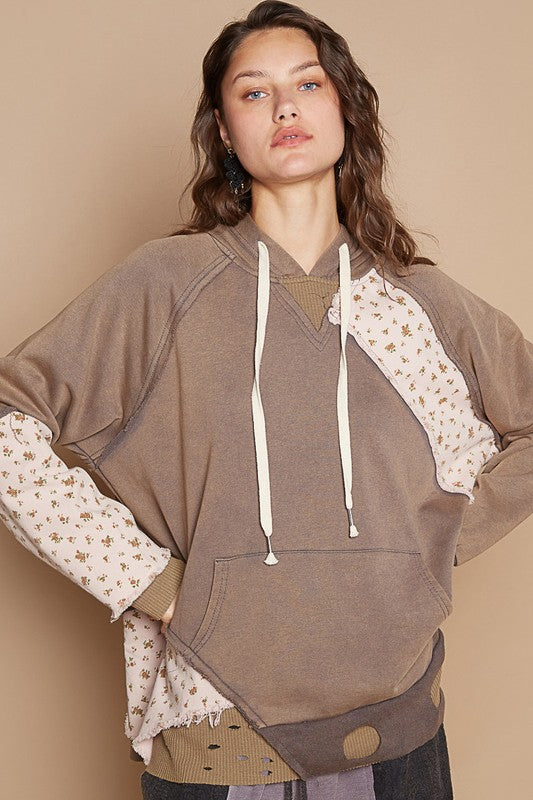 POL Floral Patchwork Distressed Drawstring Hoodie Apparel/Tops POL Ship from USA TikTok Tops Trendsi USPS Walmart Walmart Apparel Trendsi https://www.cyberehub.com