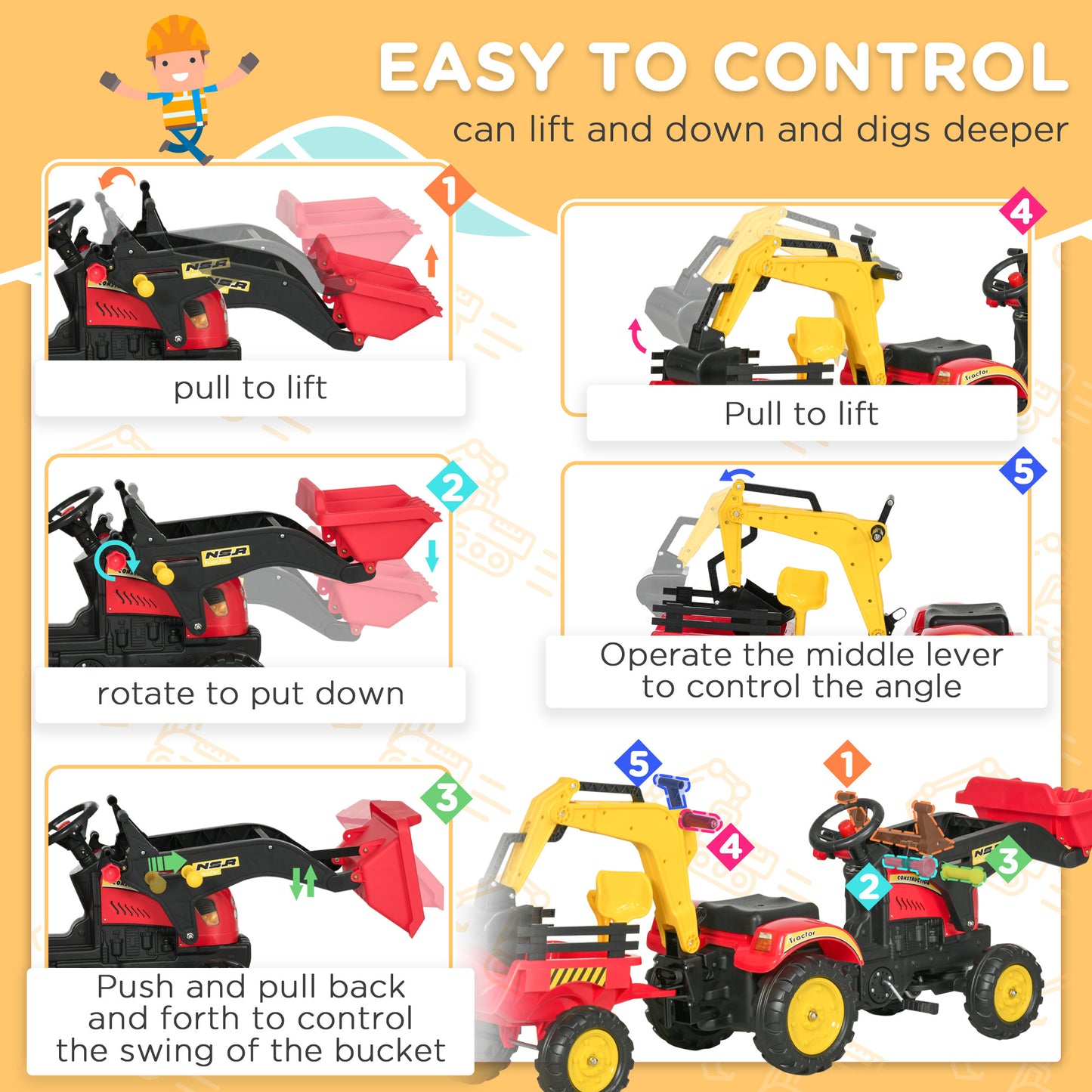 3 in1 Kids Ride On Excavator/Bulldozer, Pedal Car Digger Toy Move Forward/Back with 6 Wheels and Detachable Cargo Trailer Car Giga GNJ Toys Walmart Giga https://www.cyberehub.com