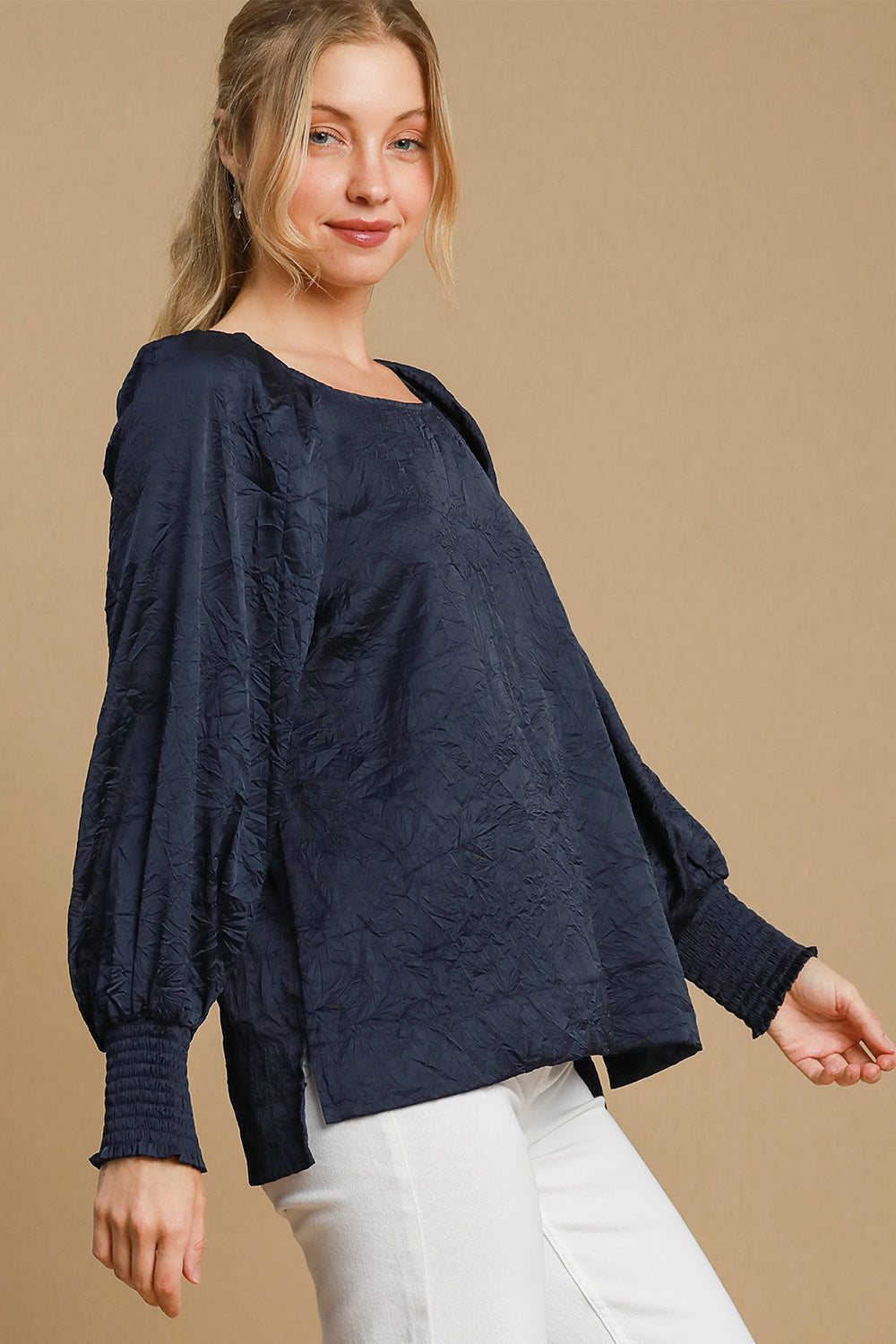 Umgee Wrinkled Round Neck Lantern Sleeve Blouse Apparel Apparel Ship from USA TikTok Trendsi Umgee USA Trendsi https://www.cyberehub.com