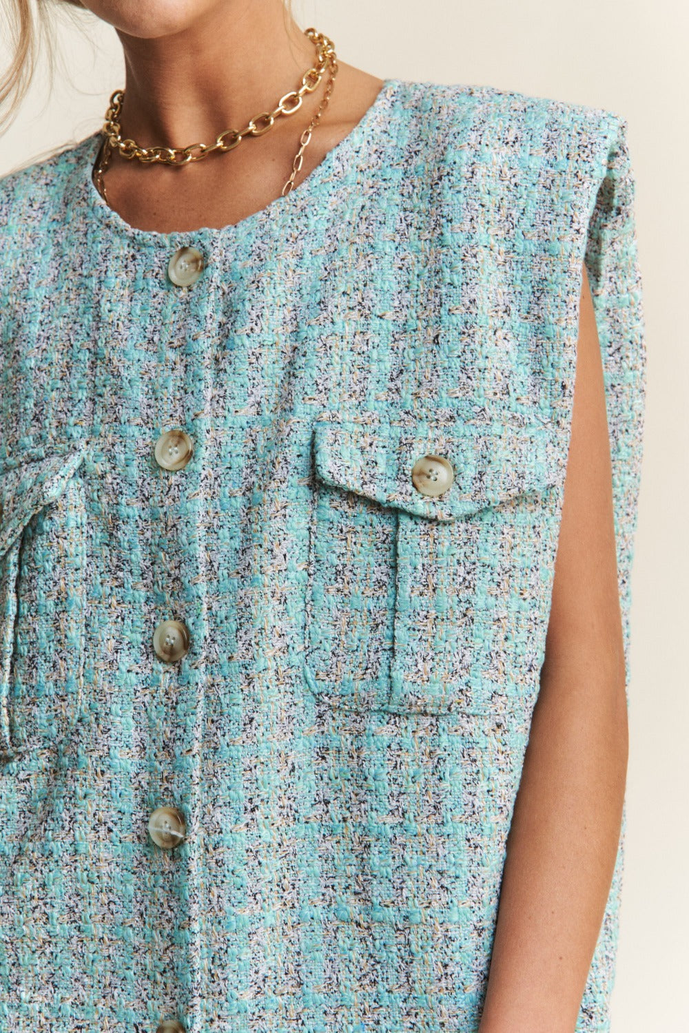 J.NNA Frayed Tweed Padded Shoulder Vest Shirt Apparel Clothing Tops J.NNA Ship from USA Shirts USA Women Trendsi https://www.cyberehub.com