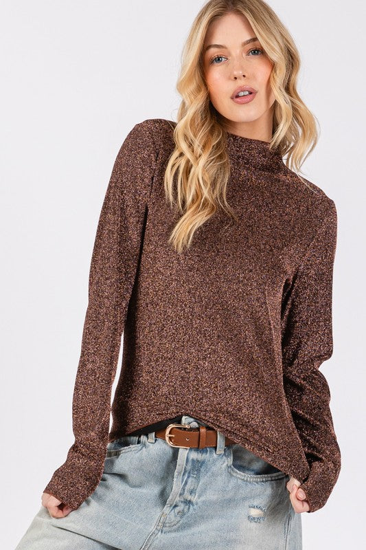 SAGE + FIG Glitter Mock Neck Lettuce Hem Long Sleeve Top Apparel Apparel SAGE+FIG Ship from USA TikTok Trendsi Trendsi https://www.cyberehub.com