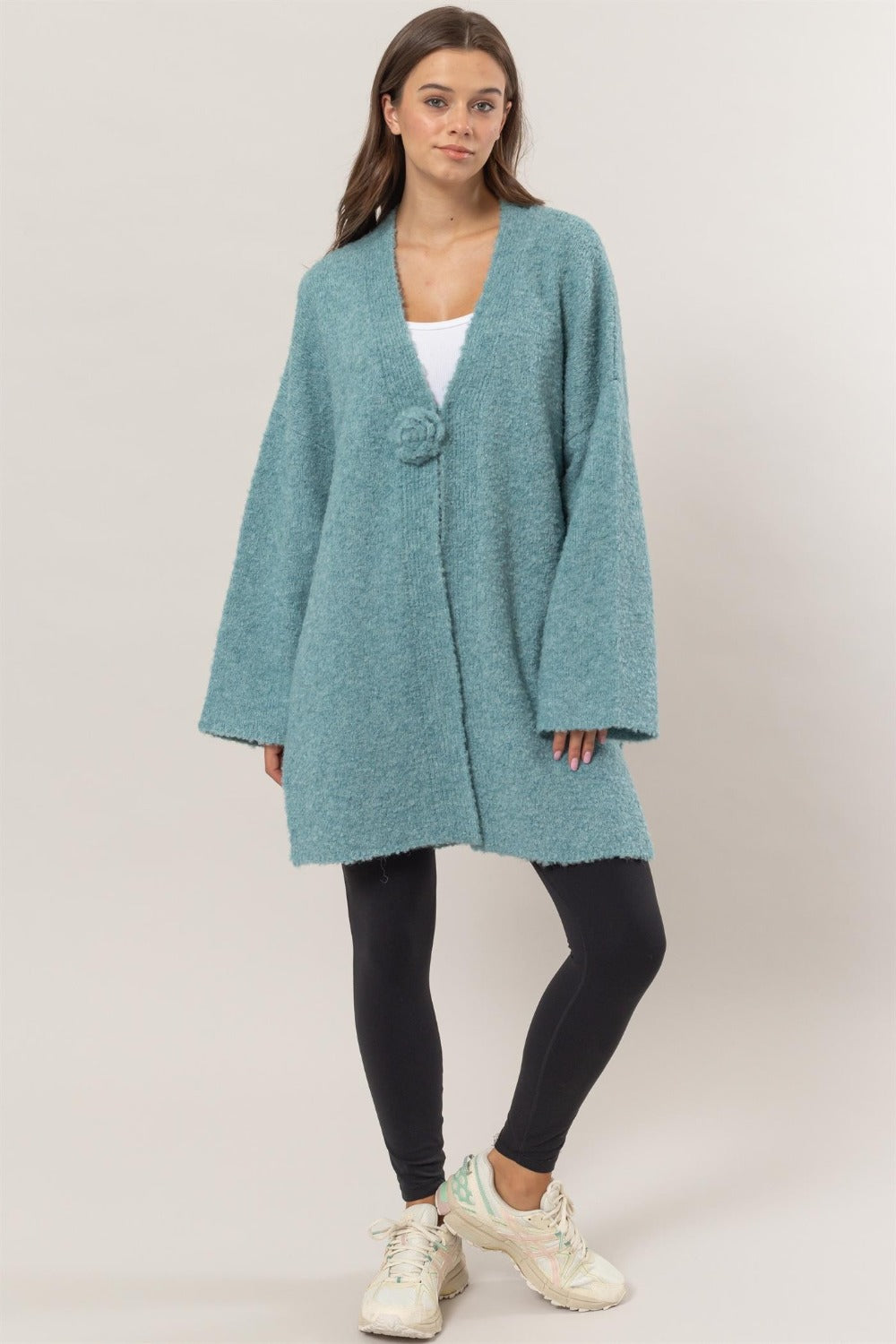 HYFVE Front Rosette Longline Slit Sweater Cardigan Shirt Apparel Clothing Tops HYFVE Ship from USA Shirts USA Women Trendsi https://www.cyberehub.com