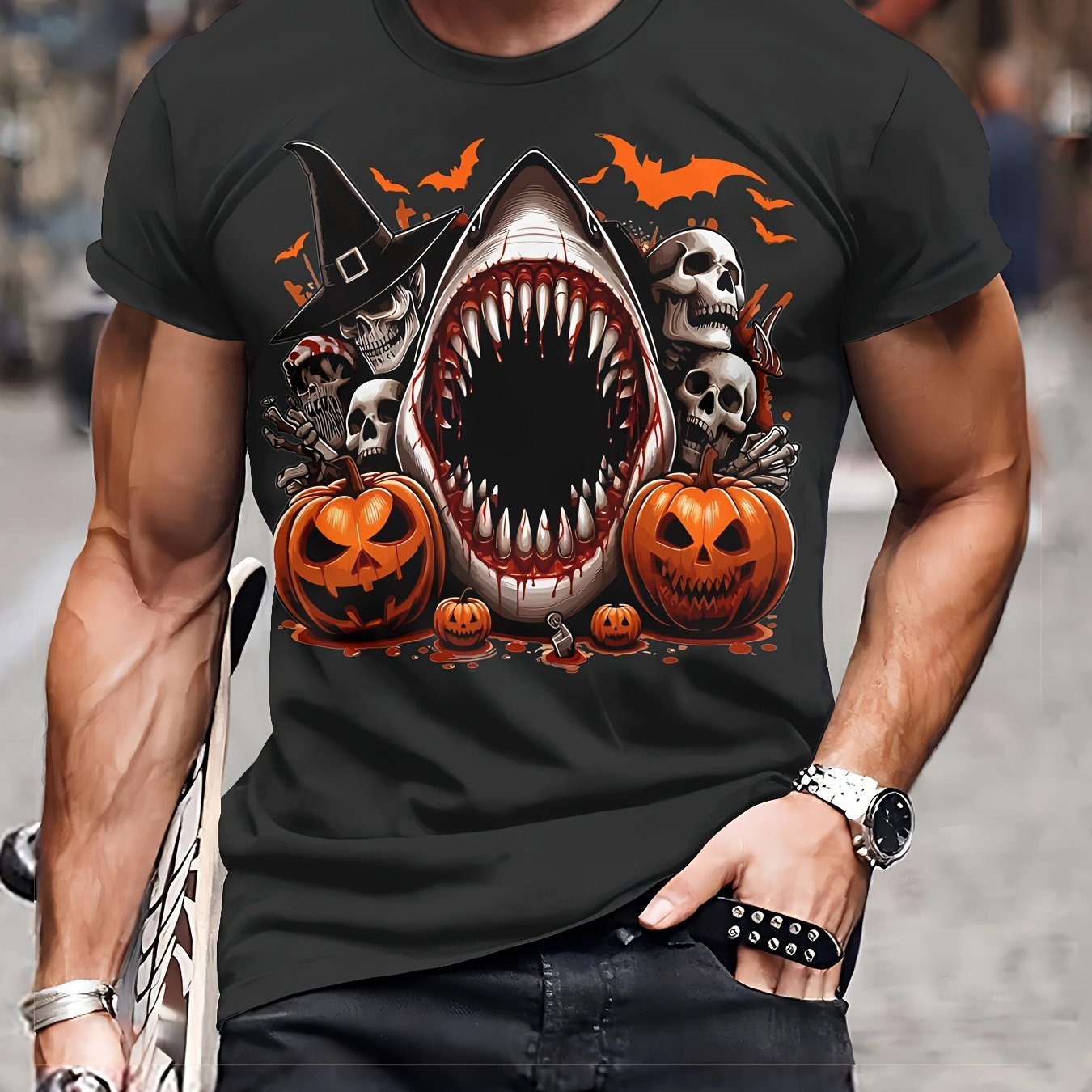 Men's Casual Polyester Round Neck T-shirt With 3D Shark And Halloween Pumpkin Patterns, Fitted Knit Fabric, Slightly Elastic Black Apparel/Shirt/Graphic Shirt SNULLO https://www.cyberehub.com