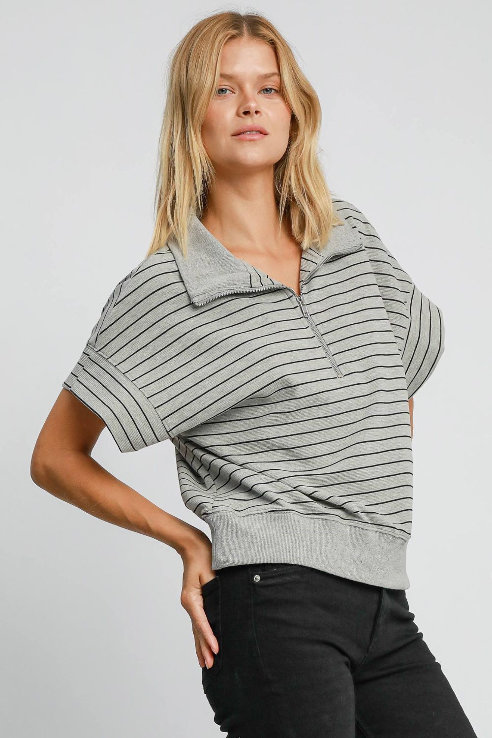 Umgee Striped Half Zip Short Sleeve Sweatshirt Apparel/Tops Ship from USA TikTok Tops Trendsi Umgee USA USPS Walmart Walmart Apparel Trendsi https://www.cyberehub.com