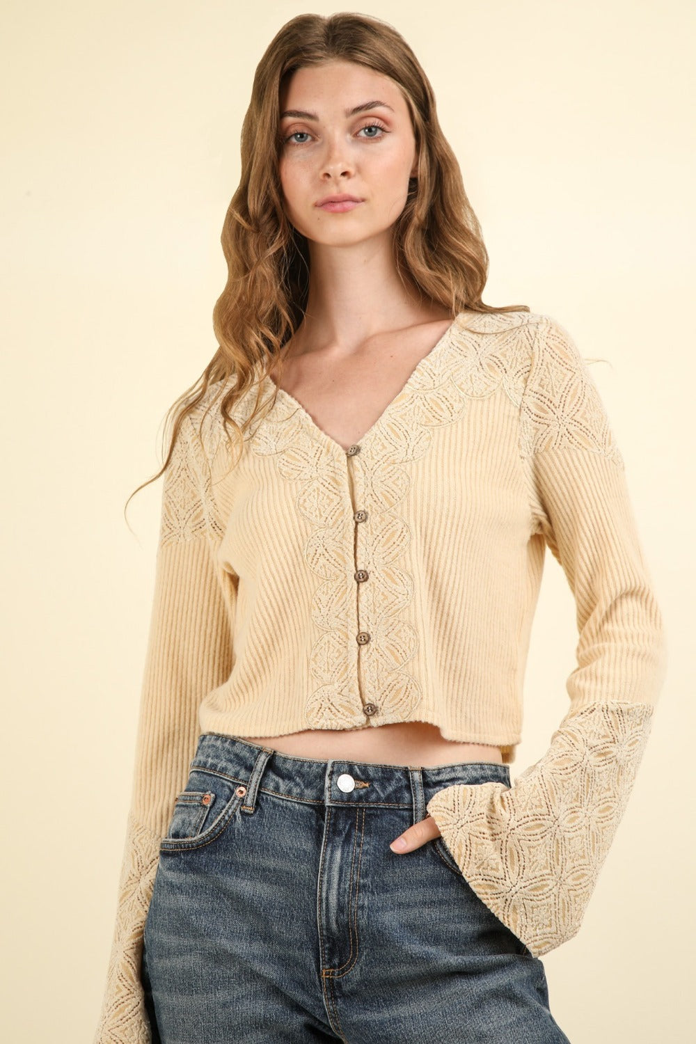 VERY J V-Neck Lace Detail Button Down Crop Ribbed Knit Top Shirt Apparel Clothing Tops Ship from USA Shirts USA VERY J Women Trendsi https://www.cyberehub.com