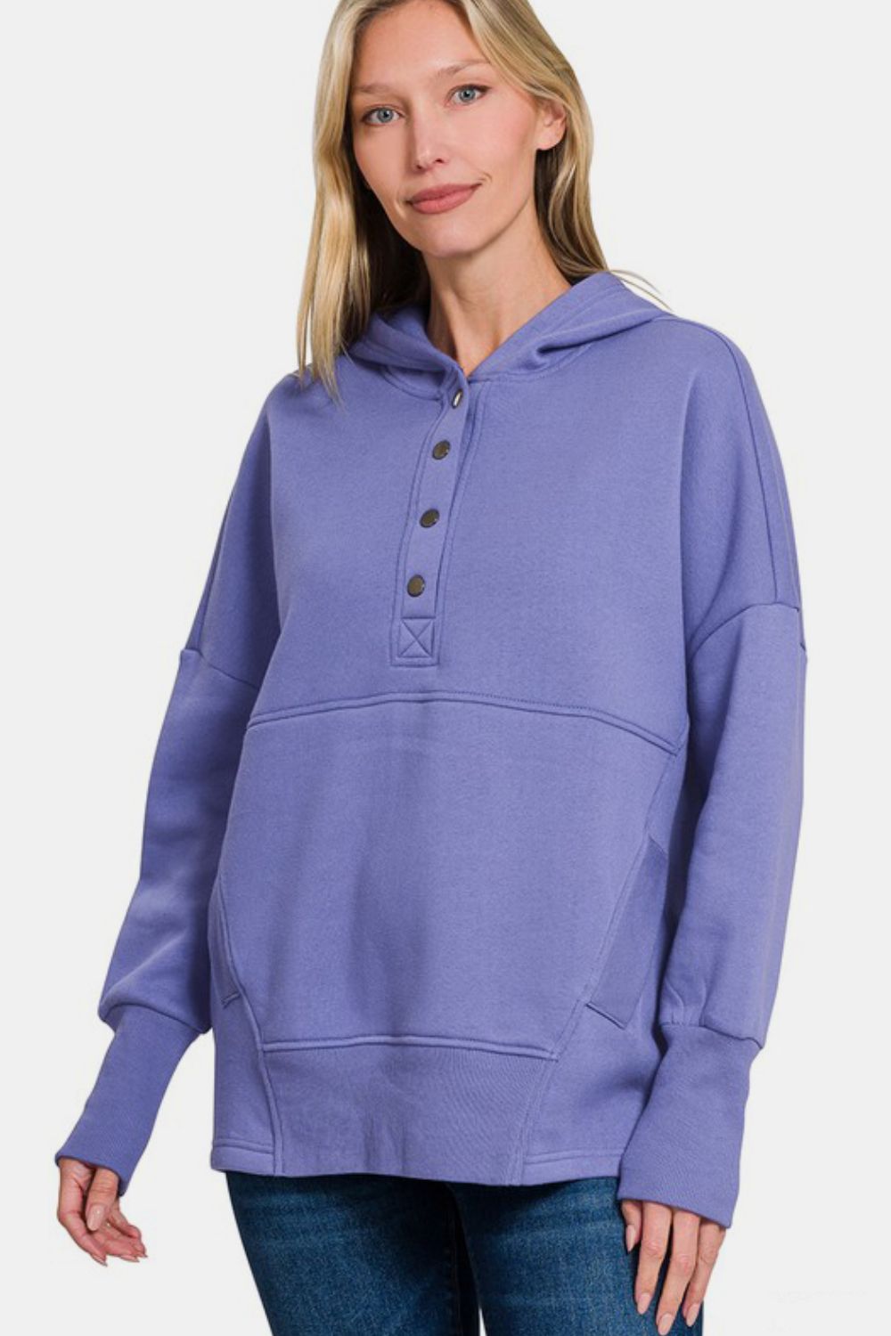 Zenana Half Snap Long Sleeve Hoodie with Kangaroo Pocket Apparel/Tops Ship from USA TikTok Tops Trendsi USPS Walmart Walmart Apparel Zenana Trendsi https://www.cyberehub.com