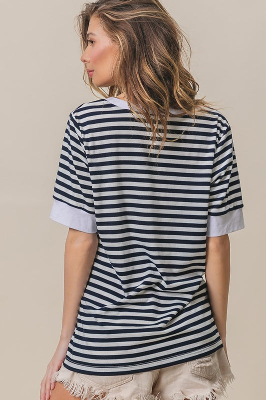 BiBi Contrast Striped Notched Knit Top Shirt Apparel BiBi Clothing Tops Ship from USA Shirts USA Women Trendsi https://www.cyberehub.com