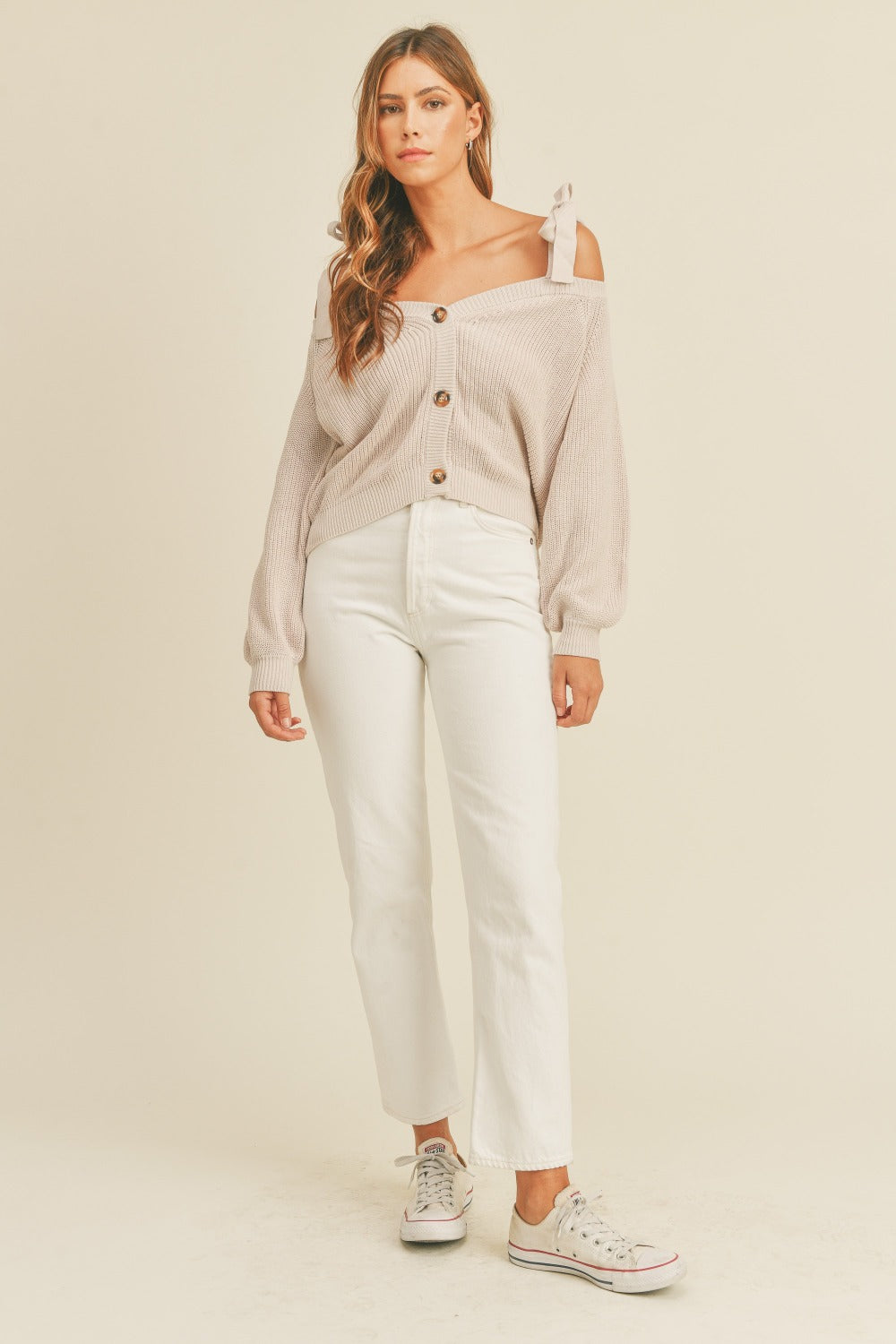 MABLE Off Shoulder Self Tie Strap Button Down Sweater Shirt Apparel Clothing Tops MABLE Ship from USA Shirts USA Women Trendsi https://www.cyberehub.com