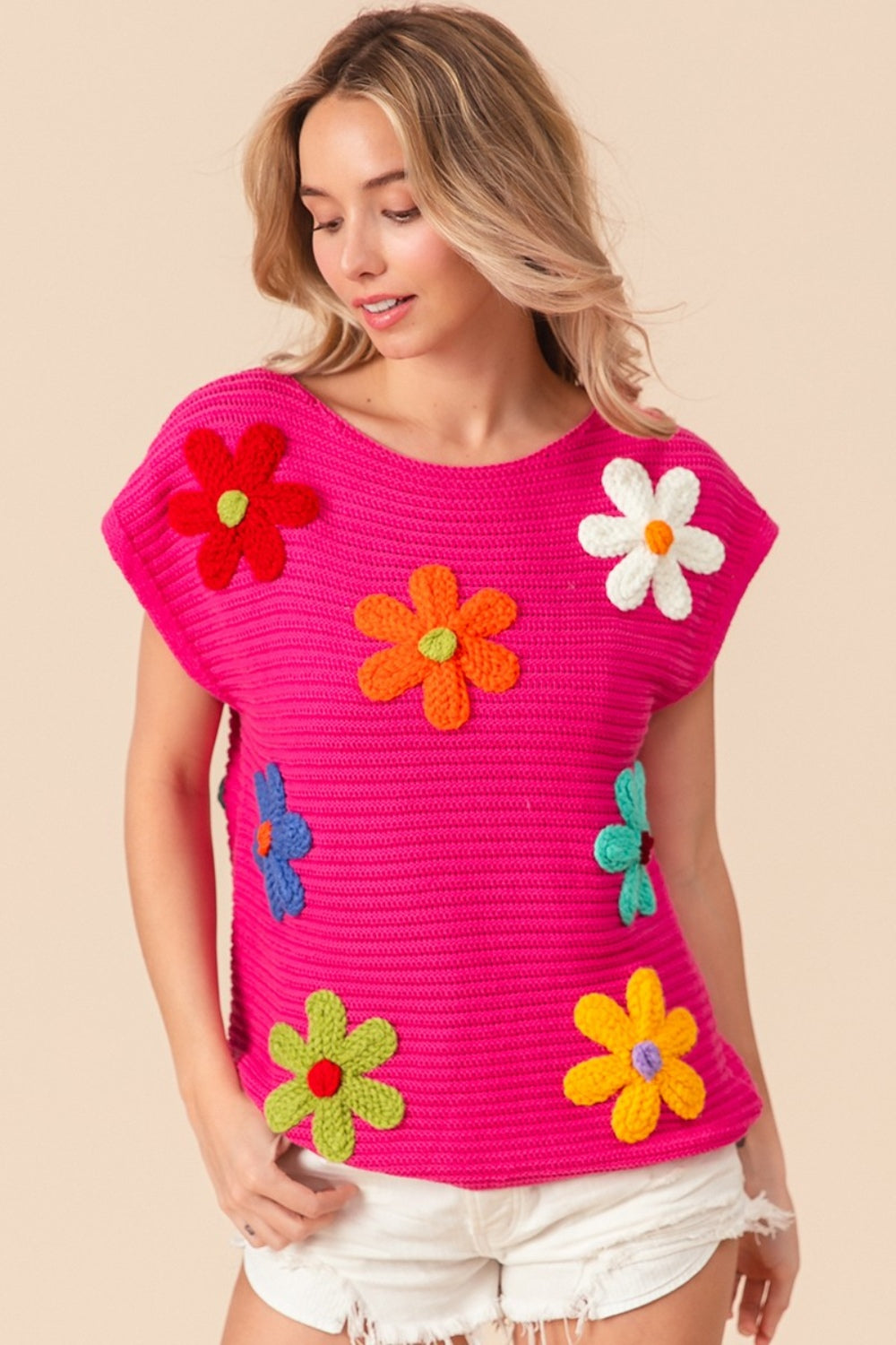 BiBi Flower Round Neck Cap Sleeve Knit Top Shirt Apparel BiBi Clothing Tops Ship from USA Shirts USA Women Trendsi https://www.cyberehub.com