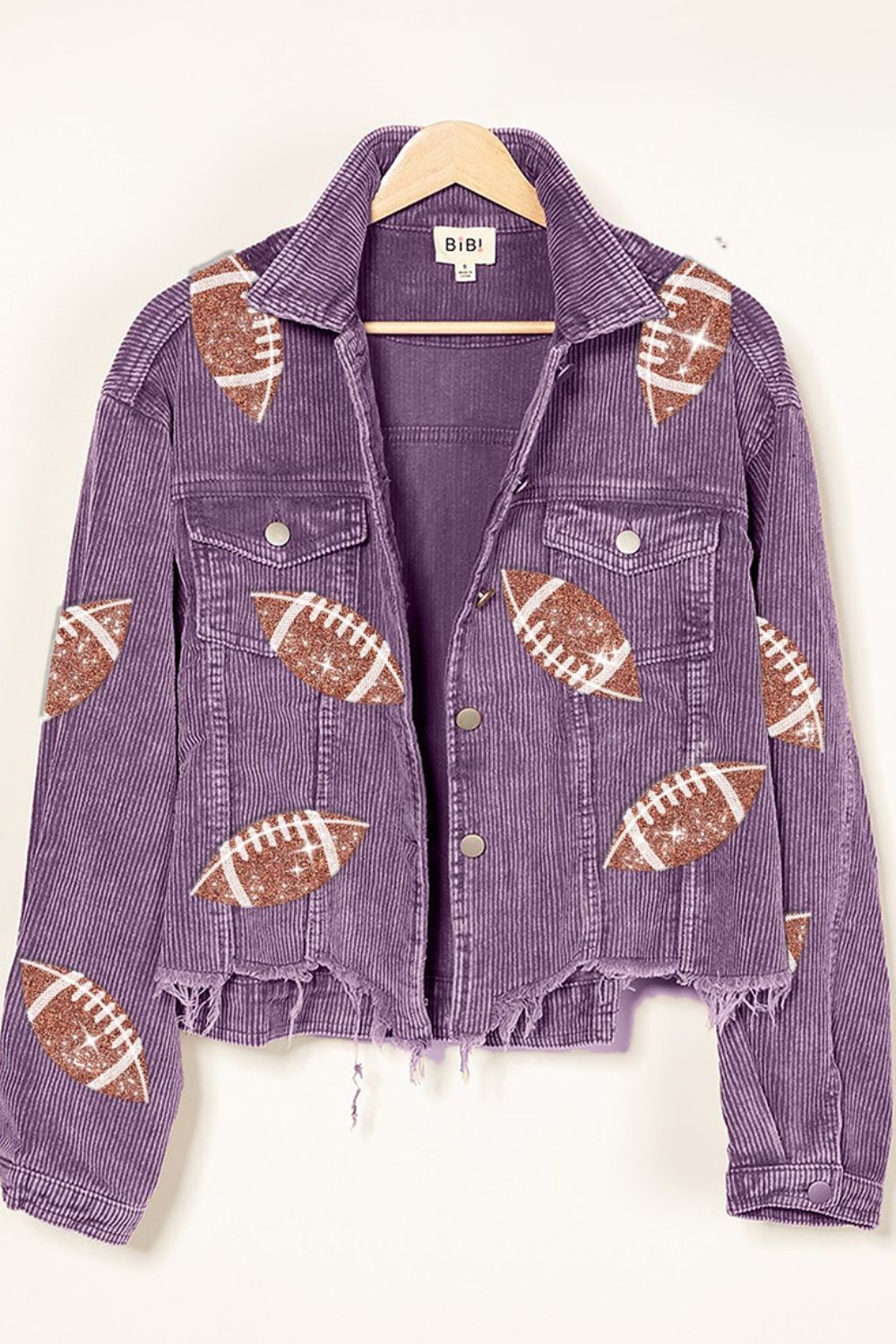 BiBi Football Sequin Embroidery Washed Corduroy Jacket Shirt Apparel BiBi Clothing Tops Ship from USA Shirts USA Women Trendsi https://www.cyberehub.com