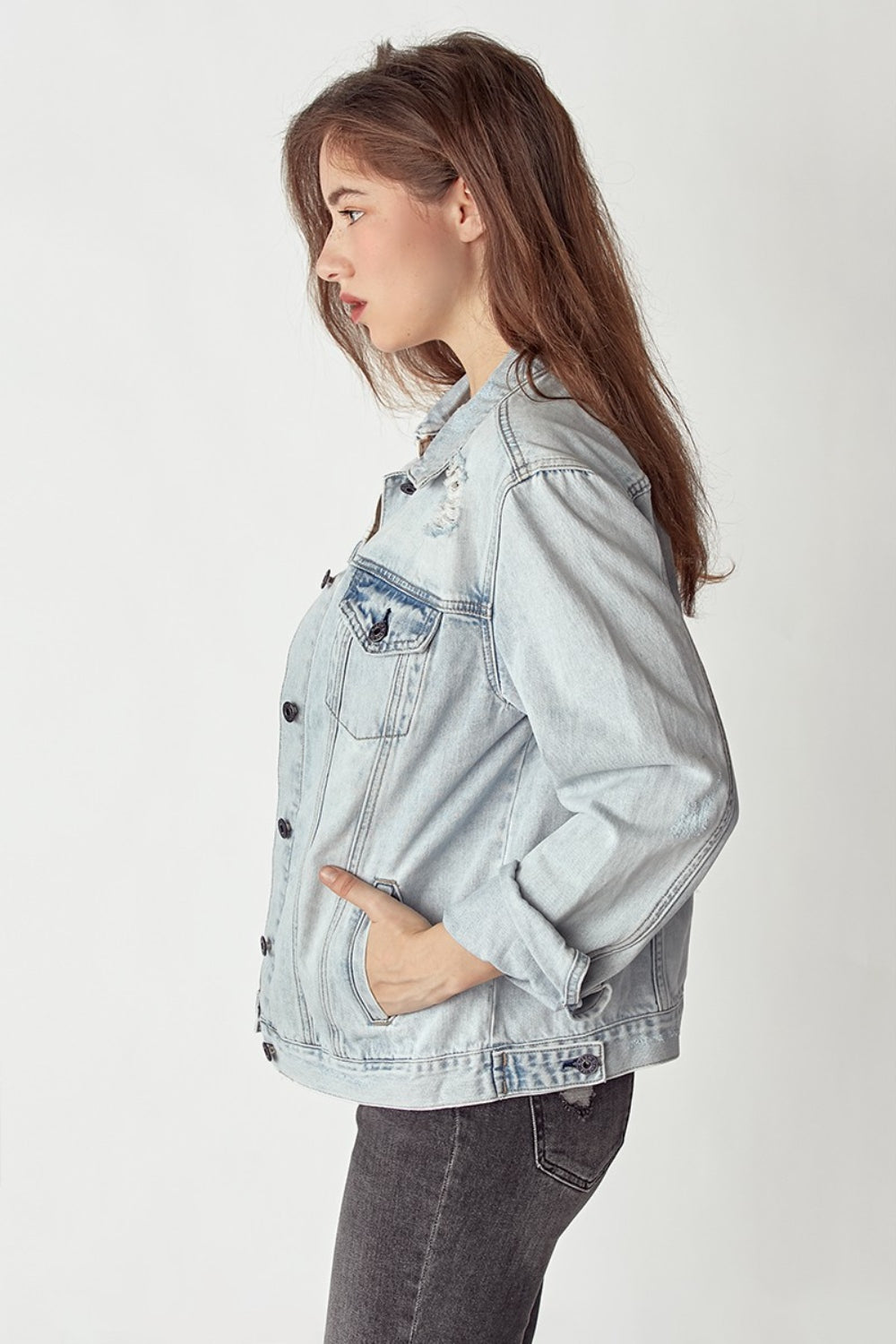 RISEN Distressed Button Up Jacket Shirt Apparel Clothing Tops RISEN Ship from USA Shirts USA Women Trendsi https://www.cyberehub.com