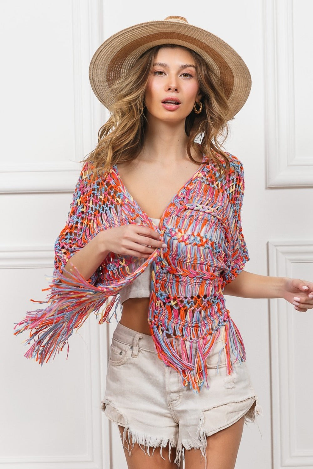 BiBi Open Front Fringed Crop Knit Cardigan Shirt Apparel BiBi Clothing Tops Ship from USA Shirts USA Women Trendsi https://www.cyberehub.com