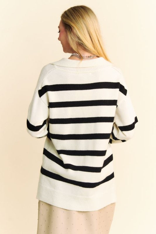 Davi & Dani High-Low Side Slit Striped Johnny Collar Sweater Tops/Jackets/Sweaters Clothing Tops Davi & Dani Ship from USA TikTok Trendsi USPS Walmart Trendsi https://www.cyberehub.com