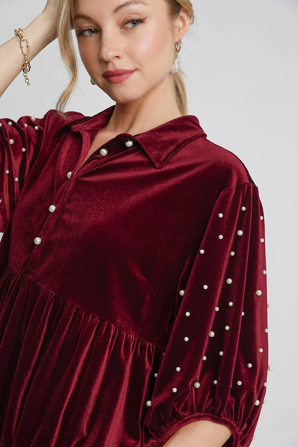 Umgee Pearl Detail Collared Neck Velvet Babydoll Blouse Apparel/Tops Ship from USA TikTok Tops Trendsi Umgee USA USPS Walmart Walmart Apparel Trendsi https://www.cyberehub.com