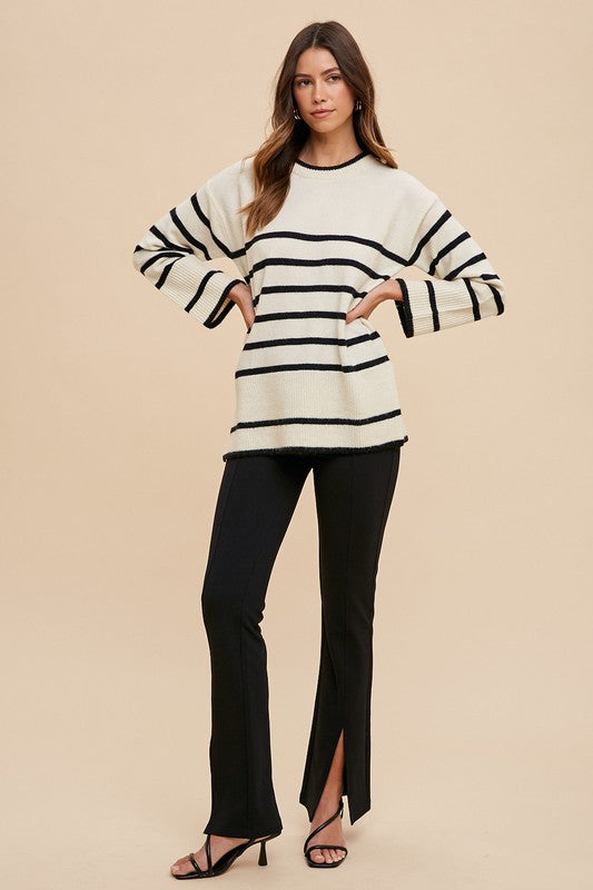 Annie Wear Side Slit Striped Round Neck Sweater Apparel Annie Wear Apparel Ship from USA TikTok Trendsi Trendsi https://www.cyberehub.com