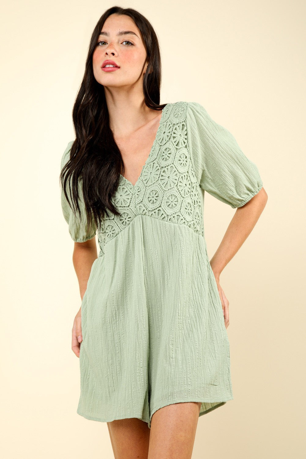 VERY J Lace Detail Puff Sleeve Romper with Pockets Sage Tops/Jackets/Sweaters Clothing Tops Ship from USA TikTok Trendsi USPS VERY J Walmart Trendsi https://www.cyberehub.com