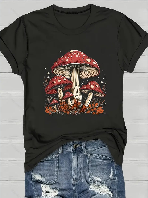 Short Sleeve Mushroom Print Crew Neck T-Shirt For Spring & Summer, Women's Casual Clothing Black Apparel/Shirt/Graphic Shirt SNULLO https://www.cyberehub.com