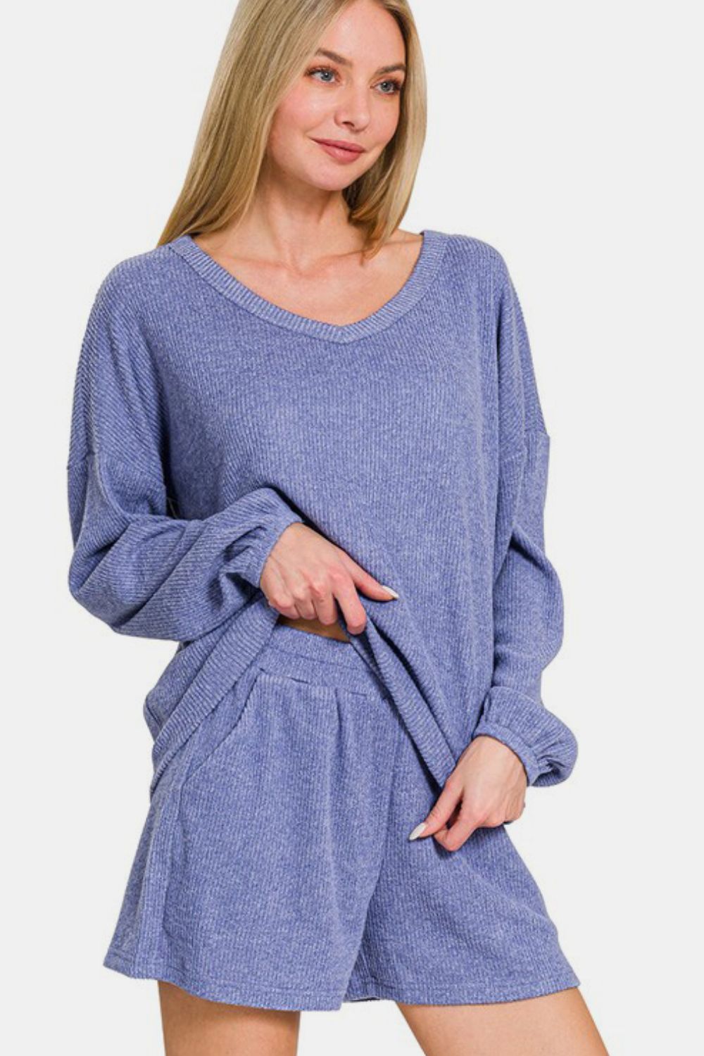 Zenana V-Neck Long Sleeve Ribbed Top and Shorts Set Apparel/Tops Ship from USA TikTok Tops Trendsi USPS Walmart Walmart Apparel Zenana Trendsi https://www.cyberehub.com