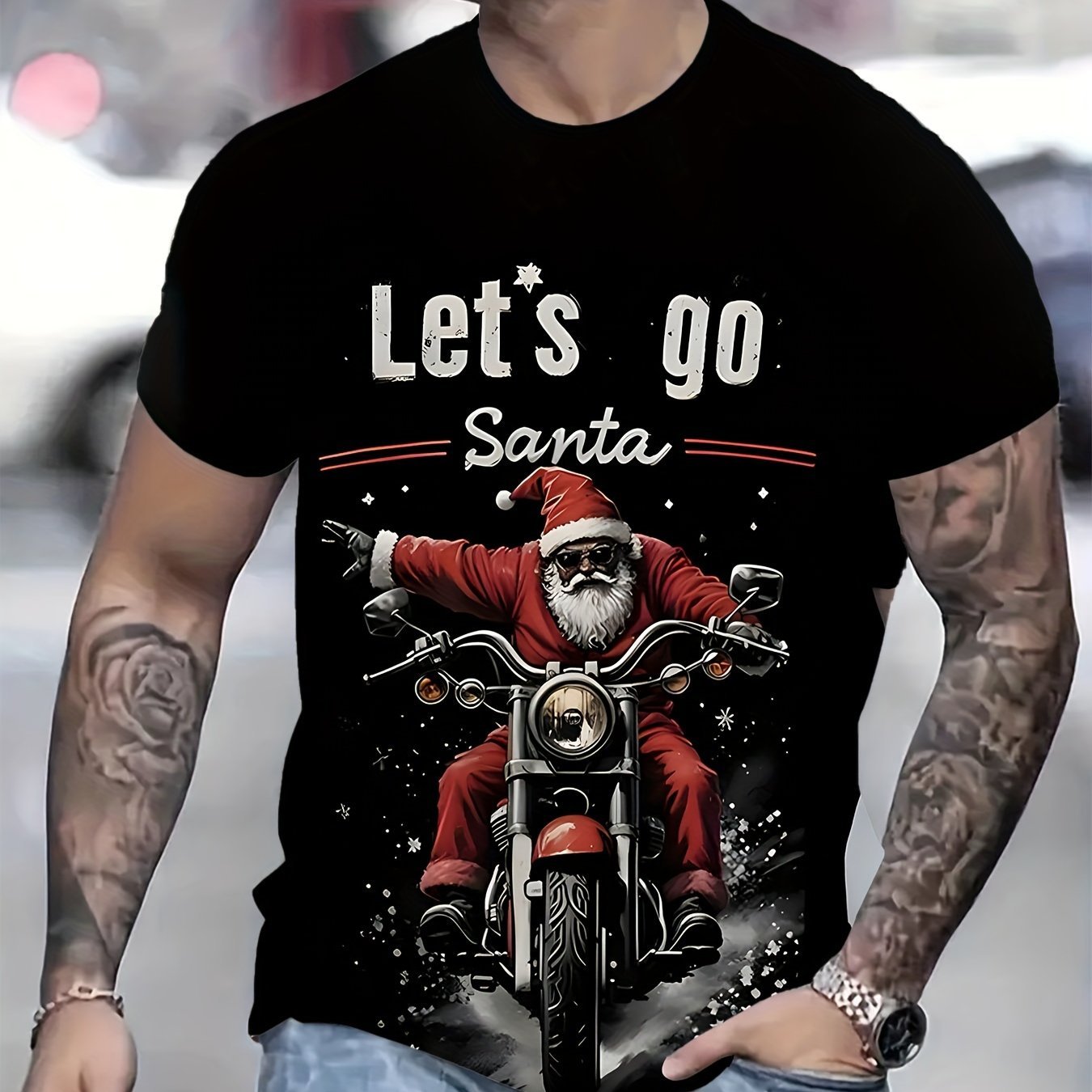 Men's Casual 3D Christmas Motorcycle Printed T-shirt - Made Of Polyester Knitted Fabric, Round Neck, Fitted Style, Innovative Holiday Clothing Black Apparel/Shirt/Graphic Shirt SNULLO https://www.cyberehub.com