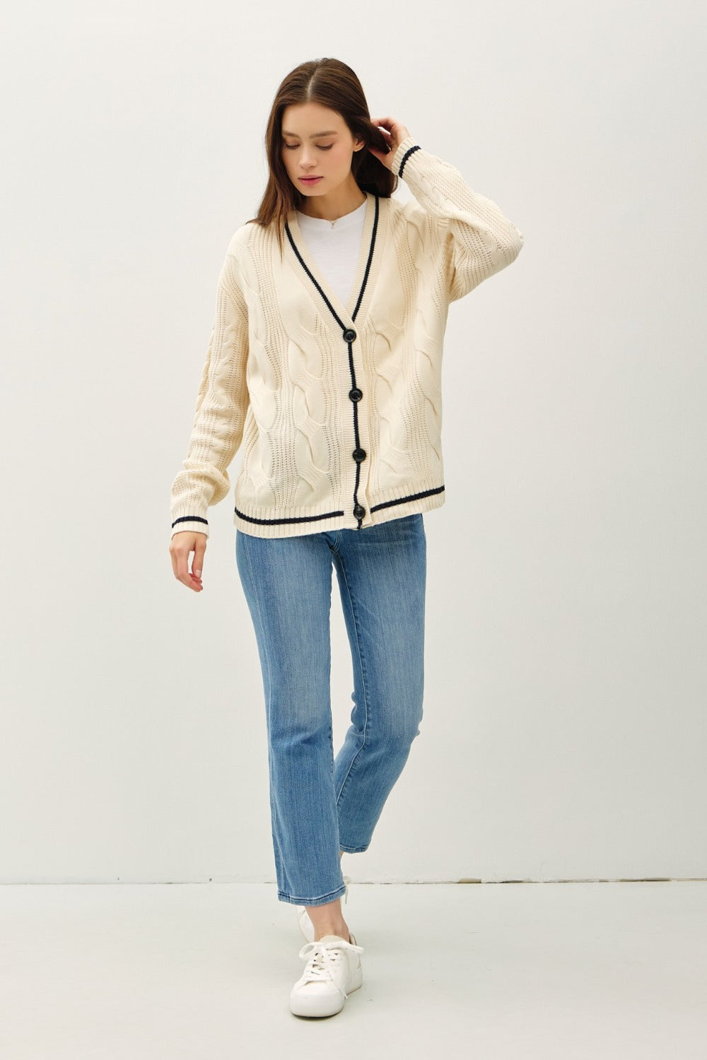 Be Cool Contrast Trim Cable-Knit V-Neck Cardigan Tops/Jackets/Sweaters BE COOL Clothing Tops Ship from USA TikTok Trendsi USPS Walmart Trendsi https://www.cyberehub.com
