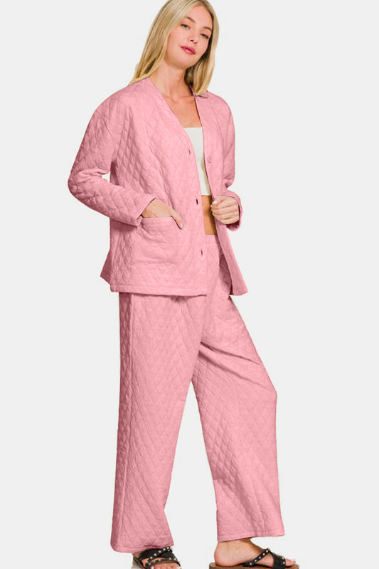Zenana Quilted Button Up Long Sleeve Top and Pants Lounge Set Apparel Apparel Ship from USA TikTok Trendsi Zenana Trendsi https://www.cyberehub.com