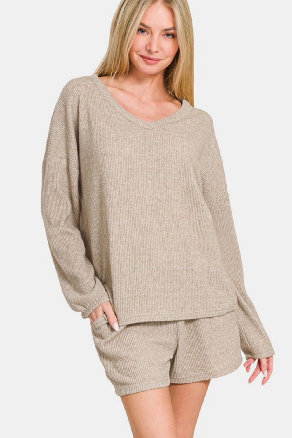 Zenana V-Neck Long Sleeve Ribbed Top and Shorts Set Apparel/Tops Ship from USA TikTok Tops Trendsi USPS Walmart Walmart Apparel Zenana Trendsi https://www.cyberehub.com
