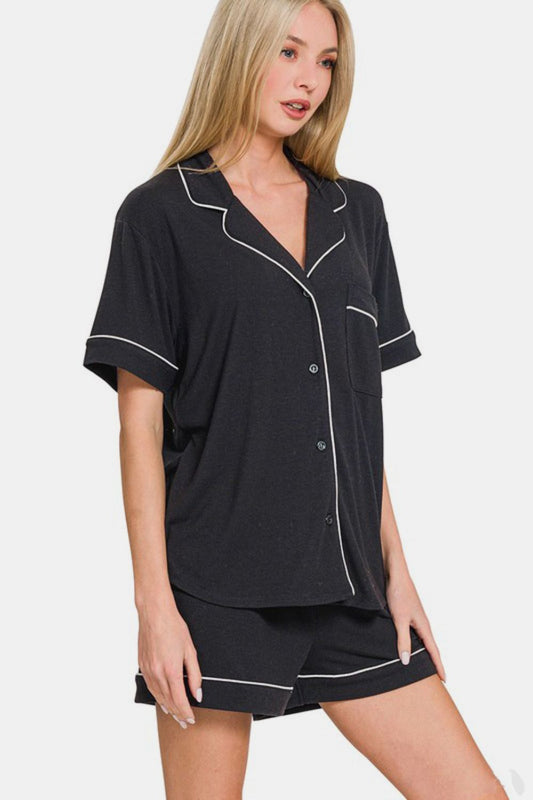 Zenana Button Down Short Sleeve Top and Shorts Lounge Set Apparel Apparel Ship from USA TikTok Trendsi Zenana Trendsi https://www.cyberehub.com