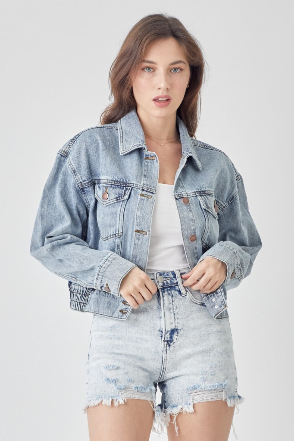 RISEN Full Size Button Down Cropped Denim Jacket Shirt Apparel Clothing Tops RISEN Ship from USA Shirts USA Women Trendsi https://www.cyberehub.com