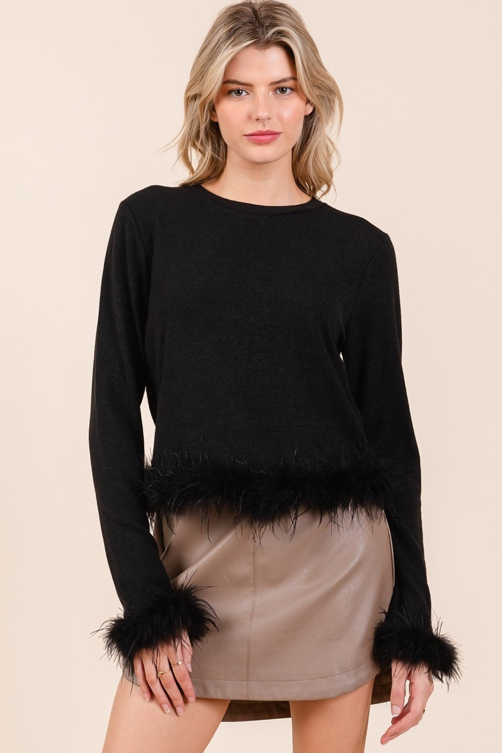 Mittoshop Feather Trim Long Sleeve Crop Hacci Knit Top Shirt Apparel Clothing Tops Mittoshop Ship from USA Shirts USA Women Trendsi https://www.cyberehub.com