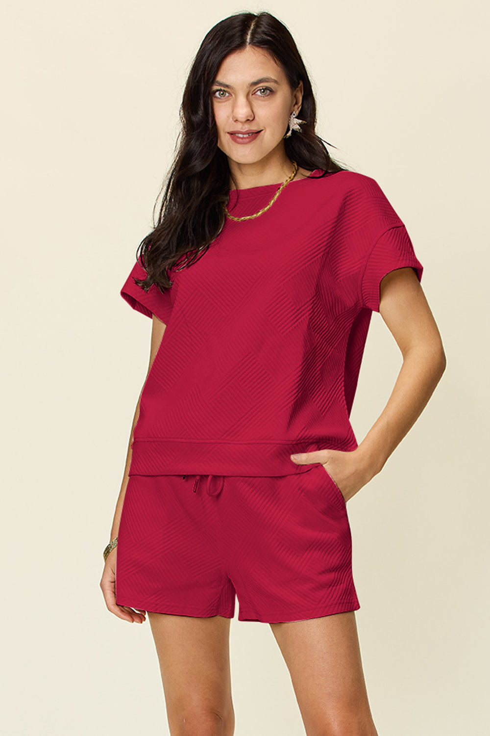 Double Take Full Size Texture Short Sleeve T-Shirt and Drawstring Shorts Set Deep Red Apparel/Tops Double Take Ship from USA TikTok Tops Trendsi USPS Walmart Walmart Apparel Trendsi https://www.cyberehub.com