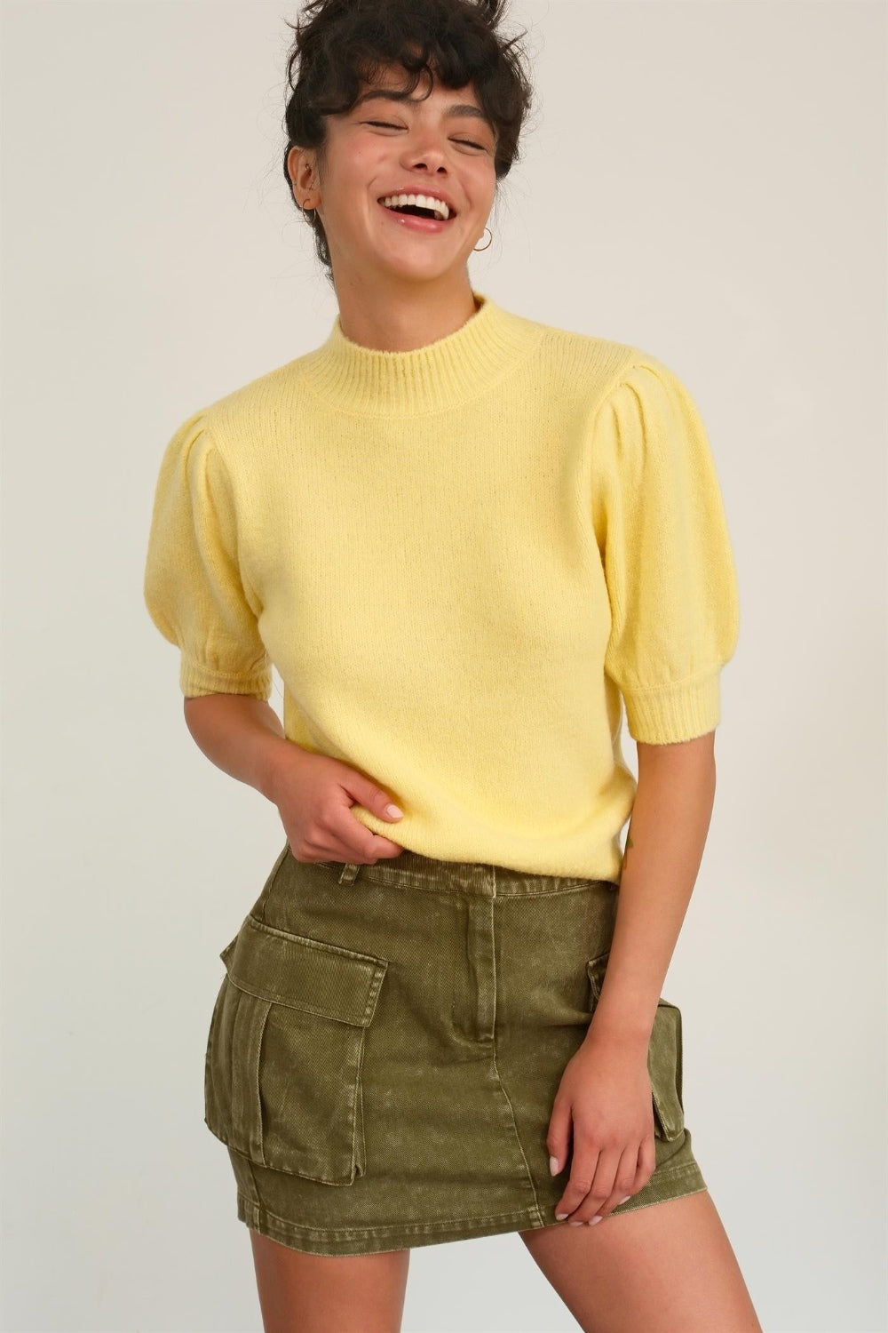 HYFVE Mock Neck Puff Sleeve Sweater Creamy Yellow Shirt Apparel Clothing Tops HYFVE Ship from USA Shirts USA Women Trendsi https://www.cyberehub.com