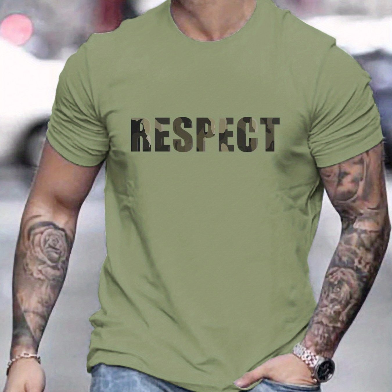 Letter RESPECT Pattern Printed Men's T-shirt, Patterned T-shirt Men's Summer Clothing, Men's Clothing Military green Apparel/Shirt/Graphic Shirt SNULLO https://www.cyberehub.com