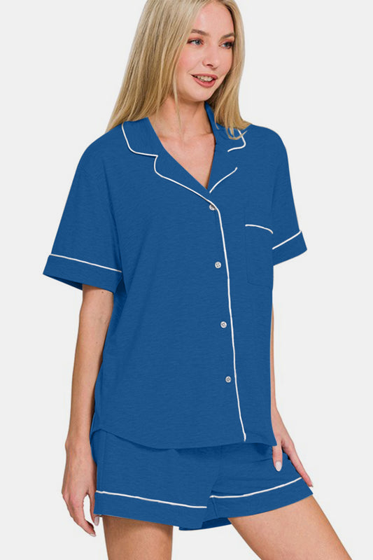 Zenana Button Down Short Sleeve Top and Shorts Lounge Set Apparel Apparel Ship from USA TikTok Trendsi Zenana Trendsi https://www.cyberehub.com