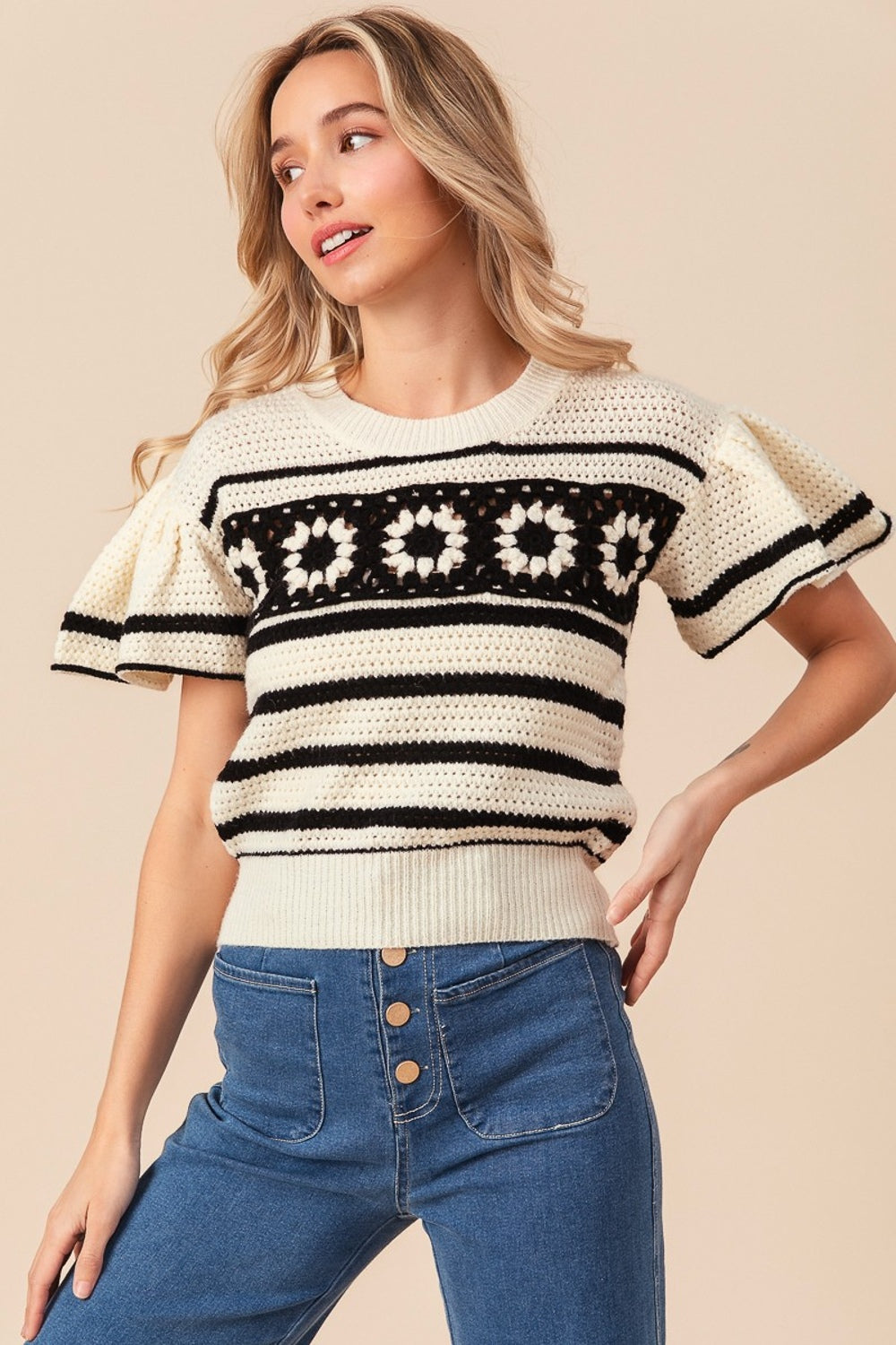 BiBi Granny Square Short Sleeve Striped Sweater Shirt Apparel BiBi Clothing Tops Ship from USA Shirts USA Women Trendsi https://www.cyberehub.com